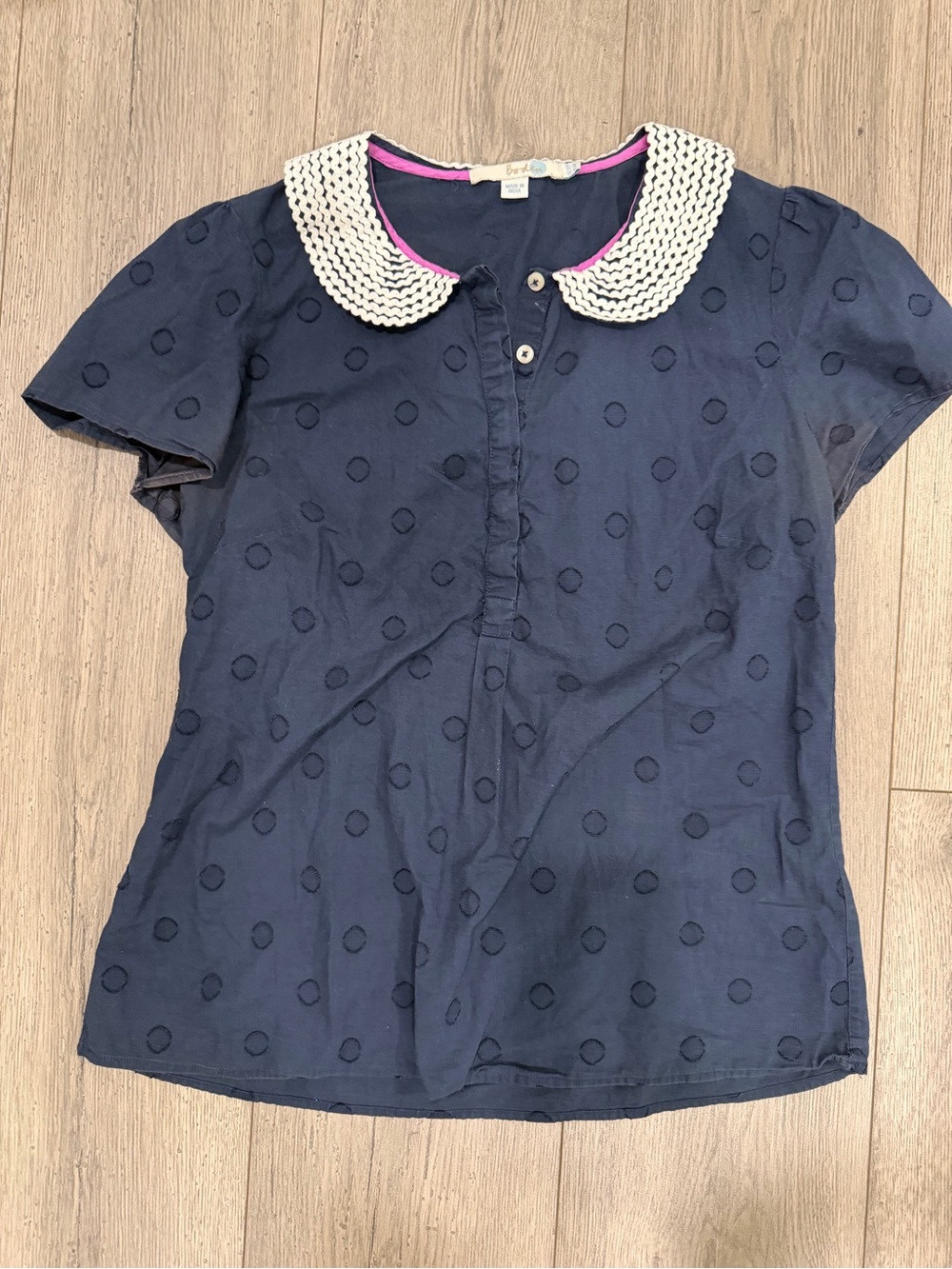 Boden Navy Dot Top with White Peter Pan Collar